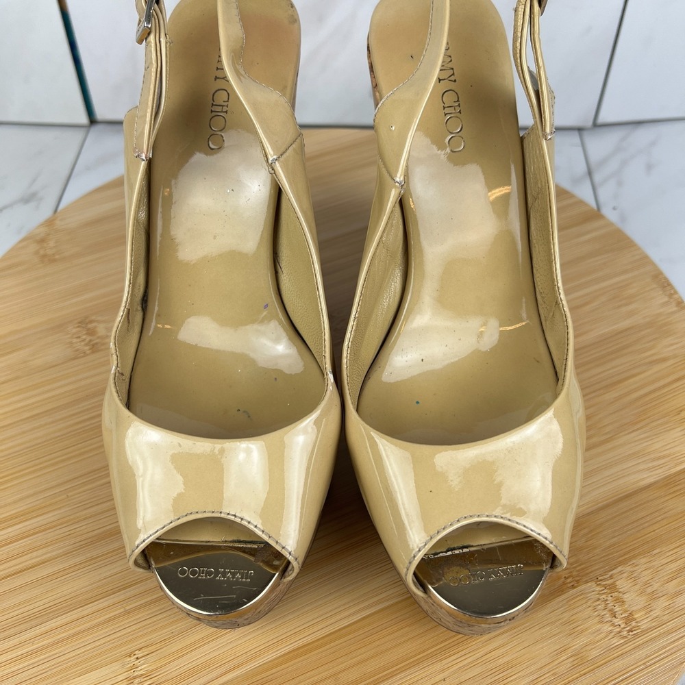 Jimmy Choo Prova Womens Size 6.5 EU 36.5 Yellow Patent Leather Cork Wedge Sandal - Picture 4 of 12